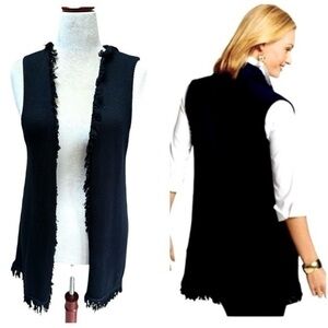 Chico’s Black Knit Fringe Duster Tunic Vest Cardigan Sweater Sleeveless …